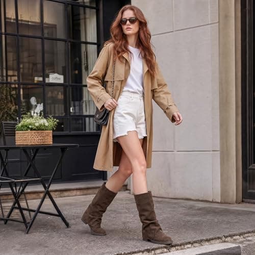 Athlefit Slouchy Mid Calf Boots for Women Fold Over Square Toe Platform Wide Calf Pull On Brown Suede Fall Boots for Travel Vacations Size 11 - Thumbnail 3