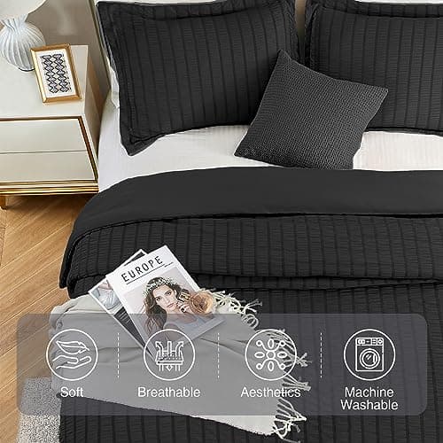 satisomnia King Comforter Set Black, Soft Seersucker Comforters King Size Bed, 3 Pieces Lightweight Down Alternative Bedding Comforter Sets All Season, Fluffy Comforter with 2 Shams 106x90 in - Thumbnail 5