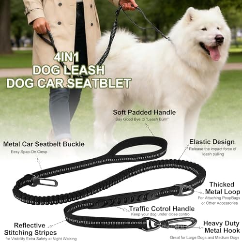 Dog Leash Heavy Duty - 4-6FT Long Leash Strong Shock Tactical Tug Leashes, Dog Seat Belt for Car with 2 Padded Handles, Reflective Rope Lead for Medium L X-Large Dogs Walking Running Training (Black) - Thumbnail 3