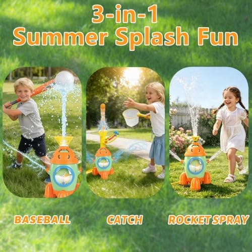 Kids Water Sprinkler Toys, Rocket-Shaped Outdoor Water Baseball Set with Bat & Multi-Ball Slide Feeder, Adjustable Water Flow & Height, Rotating Sprinkler for Backyard, Pool, Lawn Summer Fun Ages 4-8 - Thumbnail 3