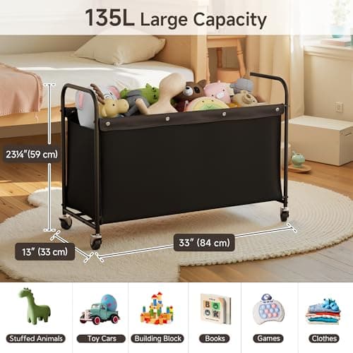 StorageWorks Toy Box with Wheels for Kids, 135L Large Toy Storage Chest and Organizer, 23" Metal Toybox with 360° Swivel Wheels for Bedroom, Kids Room, Stuffed Animal Storage, Black - Thumbnail 2