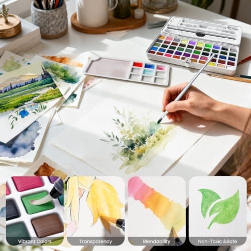 JusArt 50 Colors Watercolor Paint Set,Art Supplies with Metallic Color, Detail Painting Brushes, Water Brush Pens, Portable Travel Watercolor Painting Set for Adult, Artists, Professionals - Thumbnail 5