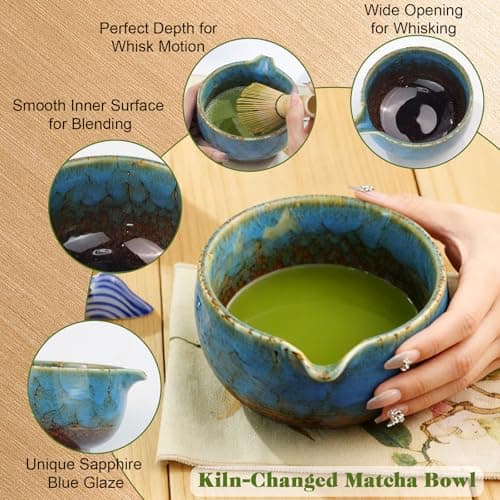 HEYMKGO Matcha Whisk Set 8 Pcs, Sapphire Blue Matcha Bowl with Spout, Bamboo Whisk & Holder, Scoop, Scoop Rest, Sifter, Bamboo Spoon & Tea Towel - Traditional Japanese Matcha Tea Ceremony Kit - Thumbnail 5