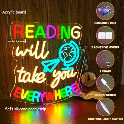 Study Neon Signs Reading Will Take You Everywhere Neon Sign Classroom Wall Decor Light Up Reading Corner Bedroom LED Learn Lights for Teens Room Books Lover Gifts for Teachers - Thumbnail 3