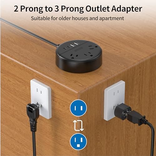 2 Prong Power Strip with 10ft Extension Cord, NTONPOWER 1875W/15A, 180° Rotating Plug, 2 Prong to 3 Prong Outlet Adapter, Wall Mountable, 3 AC Outlets & 2 USB A & 2 USB C, Ideal for Older House Office - Thumbnail 5