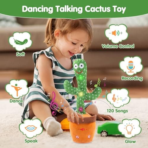 MIAODAM Dancing Talking Cactus Toy for Boys & Girls Ages 1-3, Interactive Plush Toy that Sings, Repeats Voice, with 10 Songs, LED Lights, Volume Adjustable, Ideal Gift for Toddler - Thumbnail 2