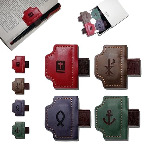 Buyborgood 4 Pcs Personalized Magnetic Leather Bookmark Pen Holder Book Lovers Christian Gifts Bygone Mark for Reading, Red-Bible + Coffee-Chi-Rho + Purple-Jesus Fish + Green-Anchor - Image 1