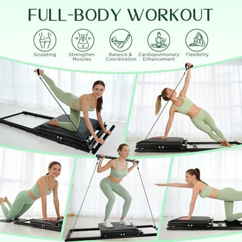 Pilates Board, Foldable Pilates Reformer Set, Multi-Purpose Iron Extended Pilate Equipment, 7-in-1 Pilate Machines for Home Use, with Pilates Bar, Resistance Bands - Thumbnail 2