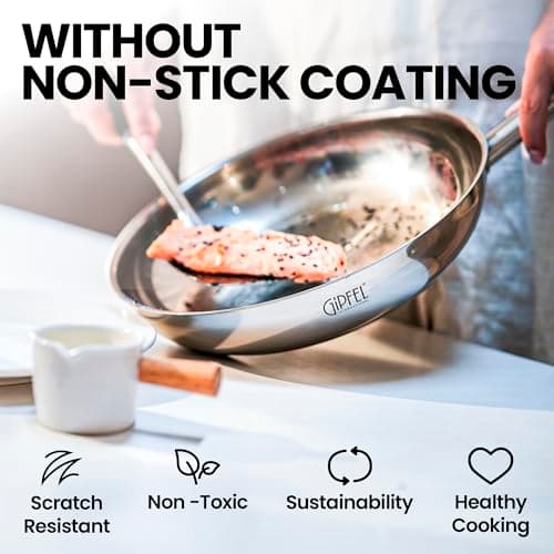 GIPFEL INTERNATIONAL 3 Piece Stainless Steel Frying Pan Set 8, 10, 12 Inch - Tri Ply Stainless Steel Skillet Healthy Cookware - Fry Pans for Induction Gas Electric Ceramic Stove & Oven Safe - Thumbnail 2