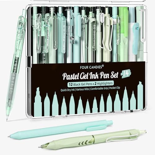 Four Candies Writing Ink Pens with Black & Green Ink and 2Pack Highlighter, Retractable 0.5mm Smooth Fine Point Pens,Green Pens for School, Office Girly Stationery Aesthetic Desk Accessories Set of 14