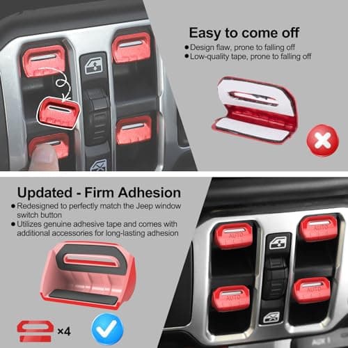 DIAMOOKY 4PCS Upgraded Window Switch Button Cover Compatible with Jeep Wrangler JL JLU 2018-2026 and Gladiator JT 2020 2021 2022 2023 2024 2025 2026 Wrangler 4xe Interior Accessories(Bright Red) - Thumbnail 5