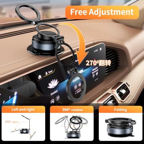 LENEZEN 2025 Upgraded Metal 360° Adjustable Vacuum Suction Cup Phone Mount [98LB Suction], Magnetic Phone Holder for Car, Foldable Portable iPhone Holder Magsafe Car Mount - Thumbnail 5