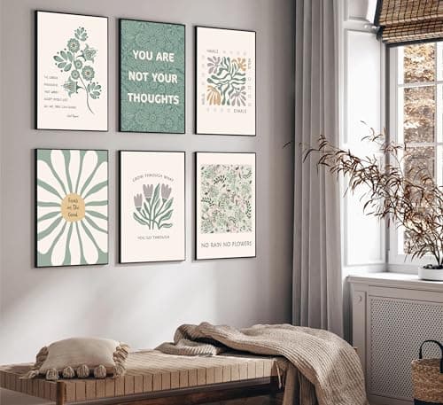 Wavkkey 6 Pcs Mental Health Wall Art Psychology Therapy Motivational Quotes Green abstract Boho floral Pictures Poster Wall Decor Canvas Print Artwork for Bedroom Office Home Decoration - Thumbnail 3