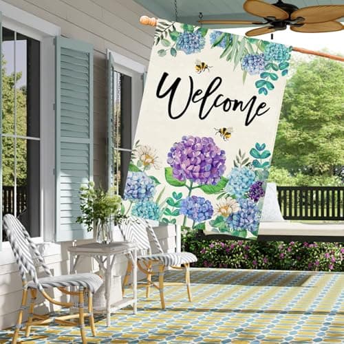 Baccessor Spring Hydrangea House Flag Double Sided 28x40 Inch, Purple Blue Flower Floral Welcome Garden Flag Burlap Vertical Seasonal Farmhouse Yard Outdoor Decoration (Large) - Thumbnail 2