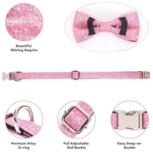 Jumpress Bling Bow Tie Dog Collar and Leash Set, Cute Pink Girl Dog Collar with 5ft Leash for Small Medium Dogs Daily Walking or Holiday Party (Neck fit 11-16’’) - Thumbnail 3
