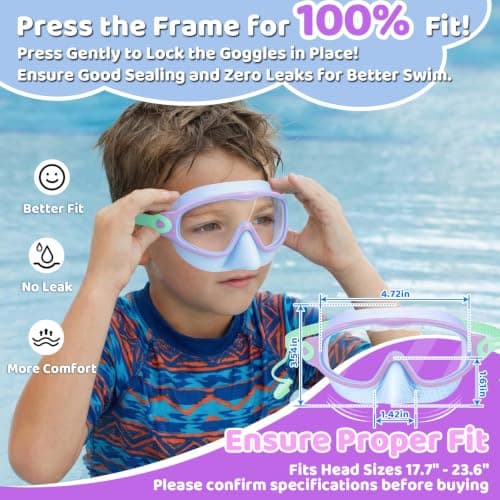 Vvinca Kids Swim Goggles 2 Pack with Nose Cover and Attached Earplugs, Wide View Anti-Fog/UV Swimming Goggles for Age 3-12 Boys Girls, No Leak Pool Water Clear Swimming Goggle for Youth Toddler - Thumbnail 3
