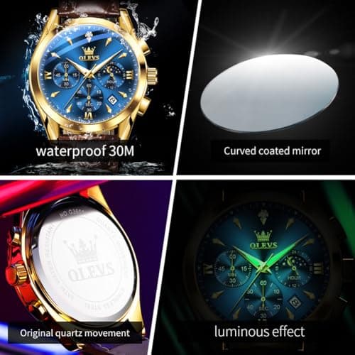 OLEVS Gold Watches for Men Brown Leather Mens Watches Dress Big Face Blue Mens Wrist Watch Luxury Chronograph Analog Quartz Waterproof Luminous Date Moon Phase Diamond Vintage Relojes para Hombres - Thumbnail 5