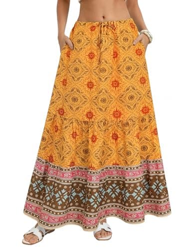 Kate Kasin Womens Yellow Maxi Long Skirt, Summer Flowy Boho Floral Skirts, Beach Vacation Fashion Outfit 2026 M - Image 1