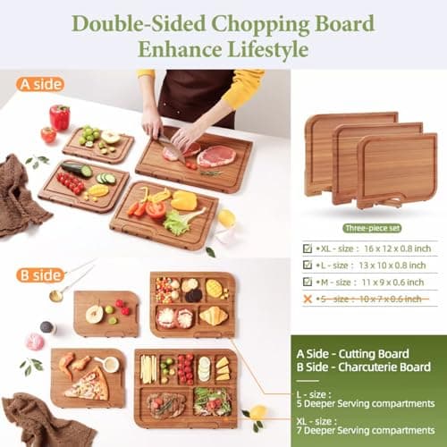 3-PCS Wood Cutting Board Set with Innovative Stand - Durable Double Sided Bamboo Cutting Board with Juice Groove & Handle for Meal Prep, Meat Charcuterie Serving, Eco-Friendly Healthy Kitchen Gift - Thumbnail 2