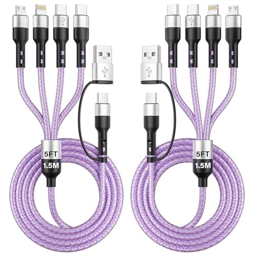 4-in-2 Dual Type-C Multi Charging Cable [2Pack-5FT], Nylon Braided Travel Essential for Airplane Cruise, USB A/C to Dual C/IP/Micro USB, Compatible with iPhone 17-8 Android iPad Galaxy Tablet - Image 1