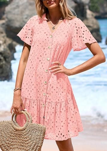 KIRUNDO Eyelet Dresses for Women 2026 Spring Summer Short Sleeve Button Down Loose Mini Babydoll Dress Beach Vacation Clothes(Pink, Medium) - Thumbnail 4