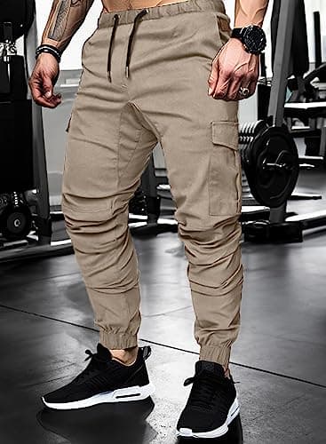 JMIERR Men's Fashion Cargo Pants - Casual Cotton Tapered Stretch Twill Chino Athletic Joggers Sweatpants Lightweight Drawstring Workout Trousers Travel Pants with Pockets for Men, US 34(M), A Grey 1 - Thumbnail 3