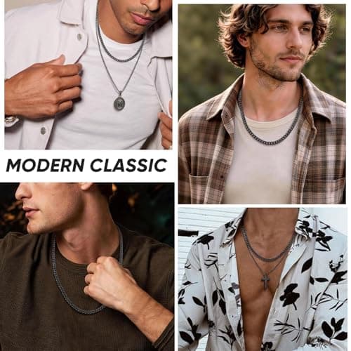 VNOX Silver Grey 7 MM Cuban Chain Necklace for Men,Cool Mens Stainless Steel Link Necklaces Hip Hop Jewelry Gifts for Boyfriend No Tarnish 20 Icnhes - Thumbnail 3