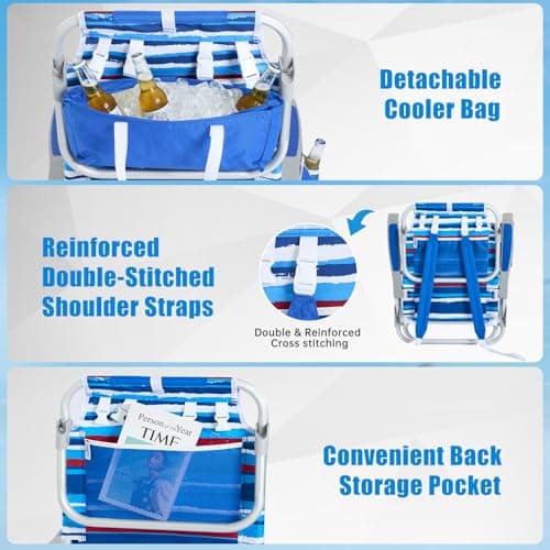 SUNNYFEEL Low Beach Chair 5 Position Lay Flat, Portable Folding Backpack Beach Chairs Heavy Duty with Cooler Bag, Cup Holder for Outdoor/Lawn/Picnic/Fishing, Foldable Camping Chair (New BlueStripe) - Thumbnail 6