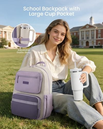 LOVEVOOK Laptop Backpack for Women, School Backpack for Teen Girls with Large Cup Holder, Lightweight Bookbag for College,Work,Travel fits 15.6 Inch Laptop,Purple - Thumbnail 2