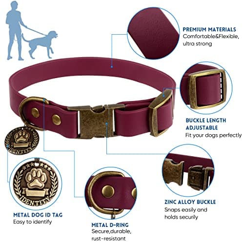 Wisedog Waterproof Dog Collar and Leash Set, Adjustable Puppy Collar with Cute Tag 5FT Dog Leash with Poop Bag for Small Medium Large Dogs (L, Burgundy) - Thumbnail 2