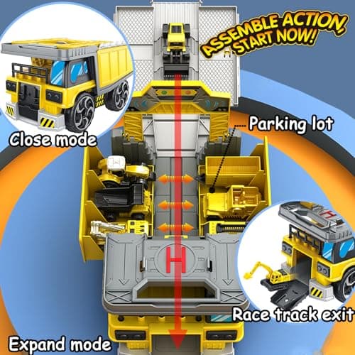 Frontoytall Construction Vehicles Track Set with Excavator, Dump Truck, Cement Truck, Wheel Loader & Rotating Crane, Car Carrier for Storage, STEM Building Toy for Kids Ages 3-12 (ASTM Certified) - Thumbnail 2
