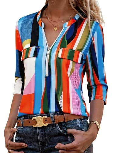 Bulotus 3/4 Length Sleeve Womens Tops Zipper Long Loose Tunics with Leggings Crew Neck Business Casual Dressy Blouses Patchwork Large - Image 1