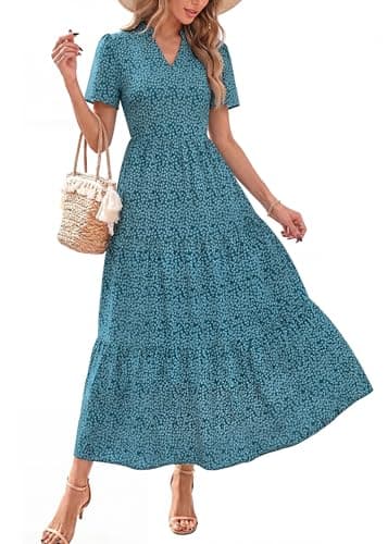 KIRUNDO Womens Floral Boho Flowy Maxi Dress, Dark Green Flower, Small - Image 1