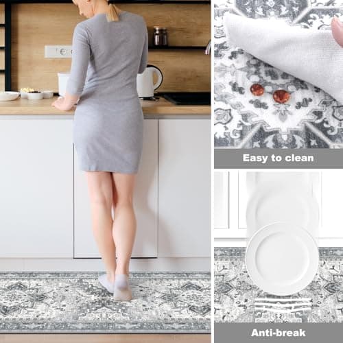 Yamaziot Boho Washable Kitchen Rugs Sets of 3, Non Slip Kitchen Mats for Floor with Rubber Backing, Waterproof & Stain Resistant Thick Carpet Runner Throw Rugs for Kitchen, Laundry Room, Hallway, Grey - Thumbnail 4
