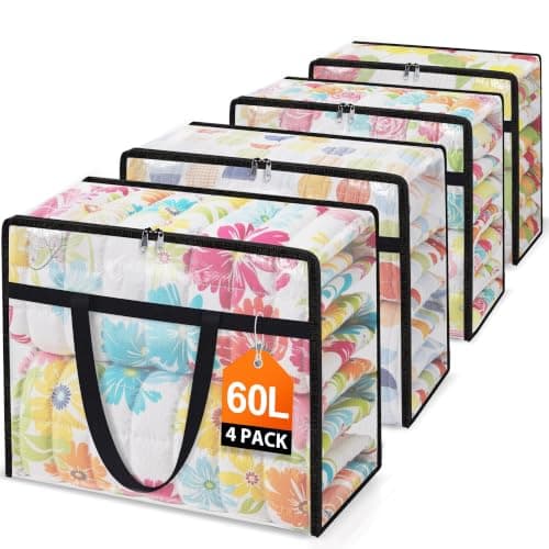 EdenDwell 4 Packs Clear Under Bed Storage Containers - 60 L Large Capacity Clothes Storage Bags with Lid & Sturdy Handles, Foldable Moving Bags, Clothing Organizer Totes for Bedding, Comforter, Sheet - Image 1