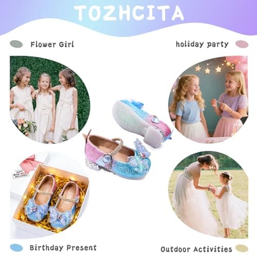 TOZHCITA Girl's Sparkly Ballet Flats Glitter Rainbow Princess Dress Shoes Bowknot Mary Jane Shoes T-Strap in Easter Party Blue,9M for Toddler - Thumbnail 5