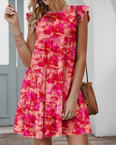 KIRUNDO Spring Dresses for Women Casual Boho Floral Ruffle Tiered Flowy Sleeveless Short Sundress 2026 Trendy Mini Cute Babydoll Dress(X-Large, Floral Rose Red) - Thumbnail 2