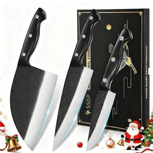 SSGP Butcher Knife Set of 3- Japanese Knife Set for Meat Cutting, Hand Forged Viking Knives Sets with Meat Cleaver, Heavy-Duty Kitchen Knives Sets for Bone BBQ Vegetable, Cooking Gifts for Men Dad