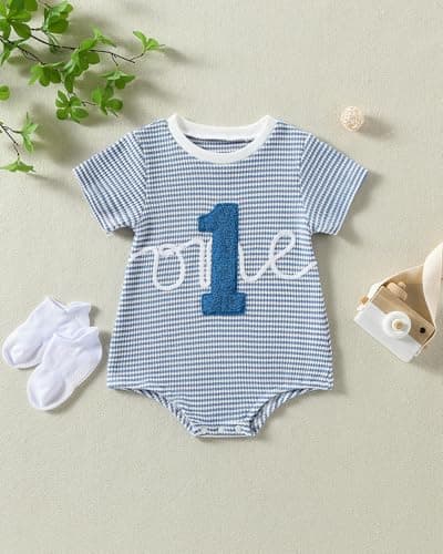 ChuYuKu Baby Boy 1st Birthday Romper Waffle Knit One Short Sleeve Onesie First Birthday Gift Soft Comfortable Bodysuit - Thumbnail 2