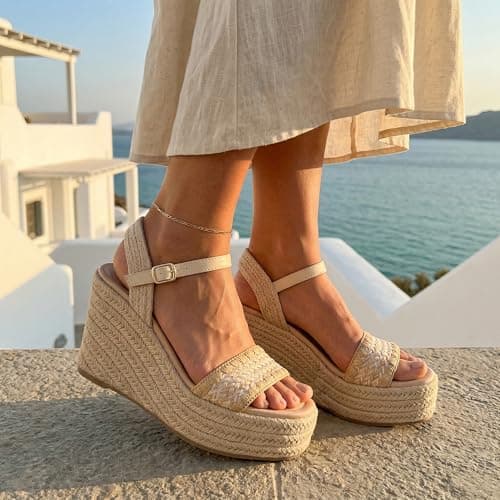 Paiyonan Women's Raffia Strap Espadrille Wedge Sandals - Ankle Buckle Platform Wedges Open Toe Summer Beach Casual Shoes (Raffia Beige, US Footwear Size System, Adult, Women, Numeric, Medium, 5.5) - Thumbnail 3