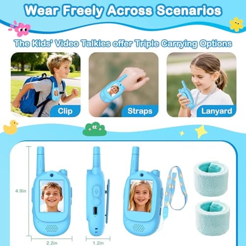 Video Walkie Talkies for Kids, 2 Pack Rechargeable HD Screen Walkies Talkies with 600 FT Outdoor Range, Voice Changer, Watch Straps & Lanyards – Camping Trips Gift for Boys Girls Ages 3-12 (Blue) - Thumbnail 4