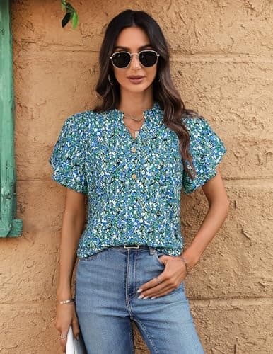 LOOKBOHO Short Sleeve Womens Casual Blouses Summer V-Neck Floral Shirts Fashion Ruffle Sleeve Chiffon Office Tops Blue XXL - Thumbnail 2