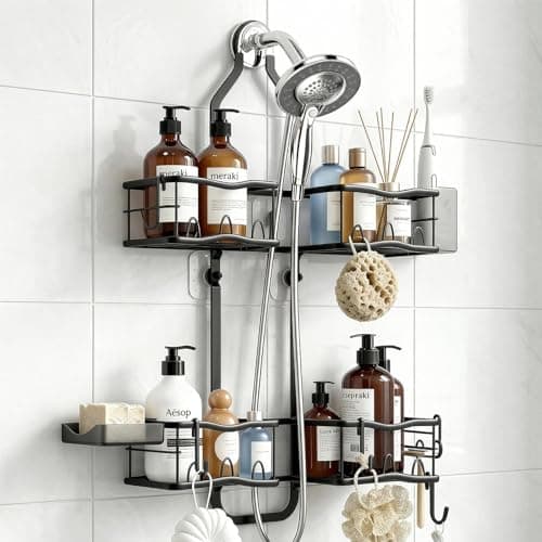 Depecal Shower Caddy Hanging Organizer, Rustproof Shower Organizer Hanging for Handheld Showerhead with Hooks for Razor/Sponge, Bathroom Caddy Rack Shower Shelves for Shampoo Soap Towels, Black