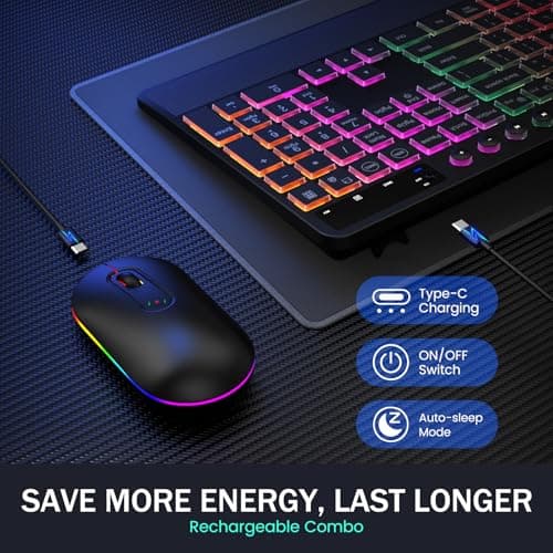Wireless Keyboard and Mouse Combo - Dual System RGB Backlit Mouse and Keyboard,2.4G Rechargeable,Full-Sized Ergonomic Silent Design with Phone Holder for Windows Mac PC Laptop (Black-V2) - Thumbnail 4