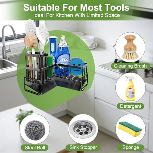 Fikoksol Large Sponge Holder for Kitchen Sink, 90-Degree Sink Caddy Organizer with Dish Brush Holder for Countertop Corner Storage Rack, Metal L-Shaped Kitchen Sink Sponge Soap Organizer Storage Ideas - Thumbnail 3
