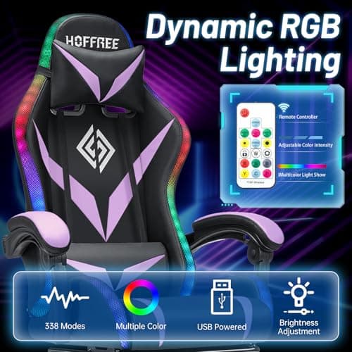 HOFFREE Gaming Chair Massage with Bluetooth Speakers and Led Lights Ergonomic Computer Gaming Chair with Footrest RGB Video Game Chair with High Back Lumbar Support Purple and Black - Thumbnail 5