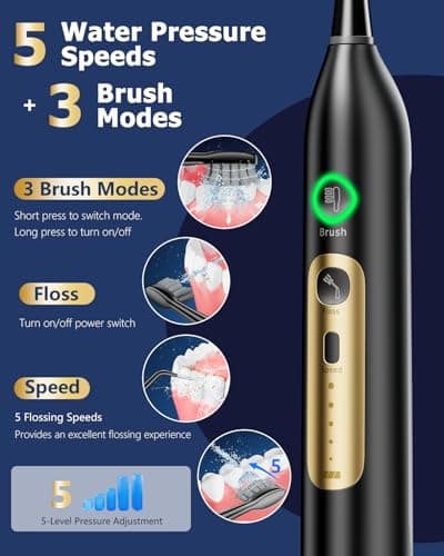 Electric Toothbrush with Water Flosser Combo, Professional Oral Care with 3 Brush Modes & 5 Water Pressure, Rechargeable Flossing Toothbrush for Adults Teeth Cleaning, Cordless for Home&Travel, Black - Thumbnail 4