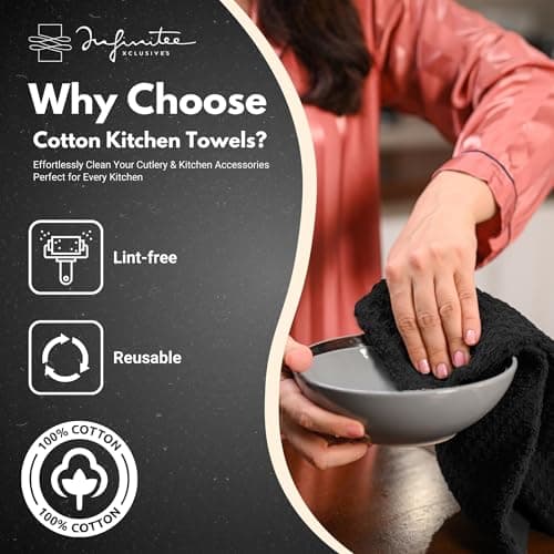 Infinitee Xclusives Premium Kitchen Towels – Pack of 3, 100% Cotton |15 x 25| Inches Absorbent Dish Towels - Terry Kitchen Dishcloth Towels - Black Dish Cloth for Household Cleaning - Thumbnail 2