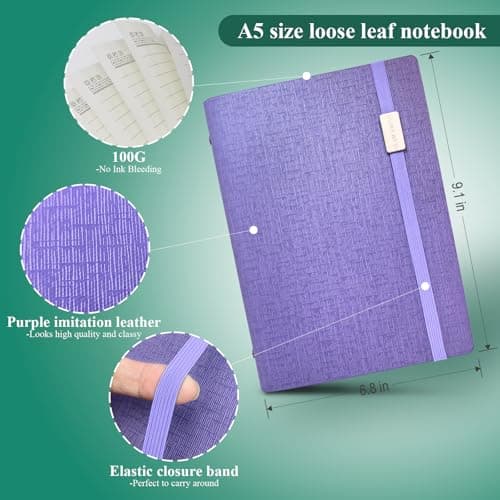 GLAM GROVE A5 Binder with 6 Ring – Lined Leather Journal Notebook, Refillable Hardcover with Pen Loop, 160 Pages 100G Thick Paper for Work, Travel & School Writing (Purple) - Thumbnail 2