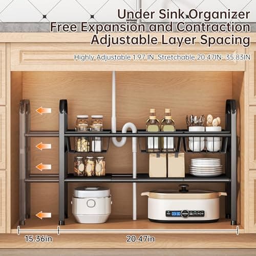 MeiChaoMeiJia Under Sink Organizers and Storage, 2 Tier Expandable Length Adjustable Height Under Sink Organizer, Easy Assembly Heavy Duty Carbon Steel Space Saving Under Cabinet Shelf Storage Rack - Thumbnail 2
